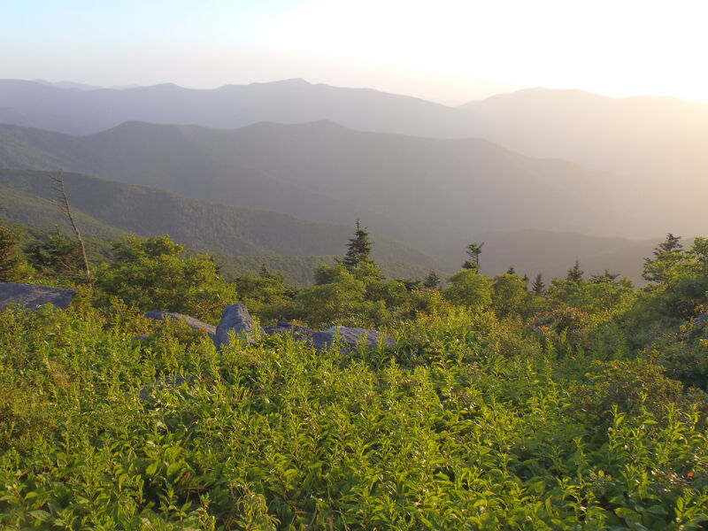 The image shows a scenic mountain landscape with lush green vegetation in the foreground. Rolling hills and mountains fade into the distance, creating a sense of depth. The lighting suggests it's either sunrise or sunset, casting a warm glow over the scene. The overall impression is one of natural beauty and tranquility.